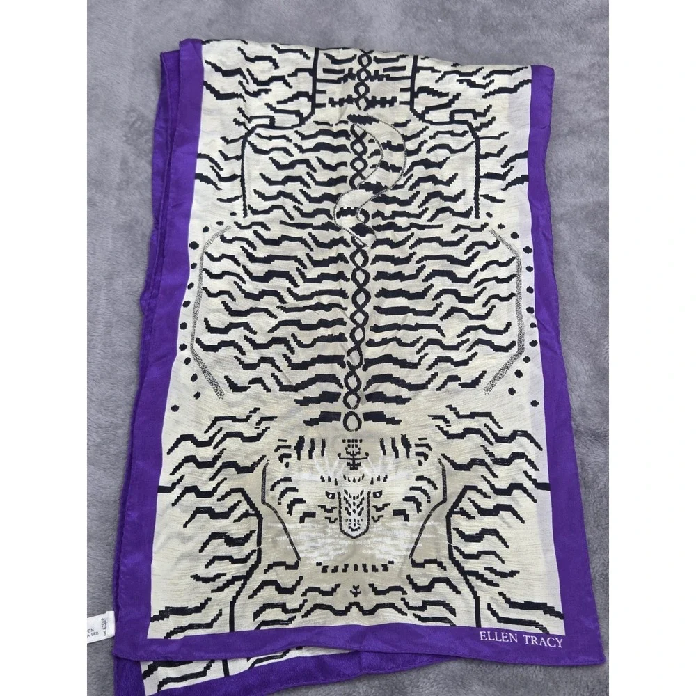 Linda Allard Ellen Tracy Silk Scarf Purple Outline White Tiger Rectangle‎ 56